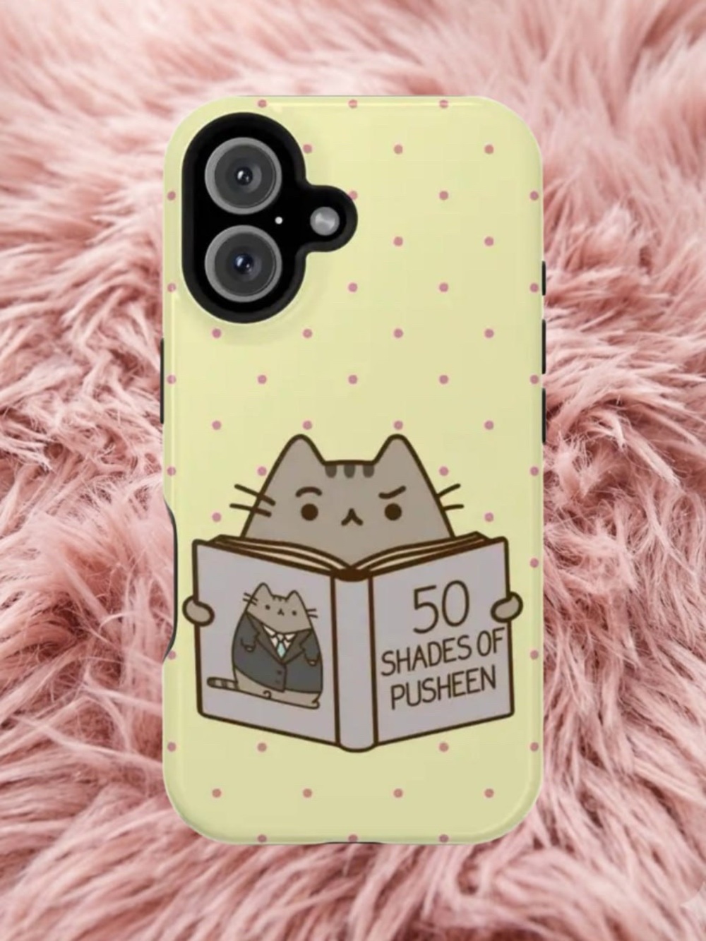 Pusheen Yellow Polka Dot Cat Phone Case with Book Design
